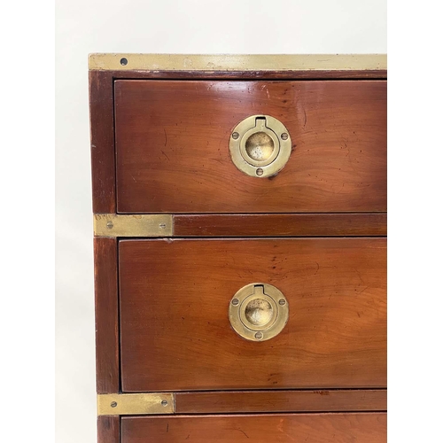 256 - CAMPAIGN STYLE CHEST, brass bound with three short above four long drawers, 76cm x 90cm H x 46cm.