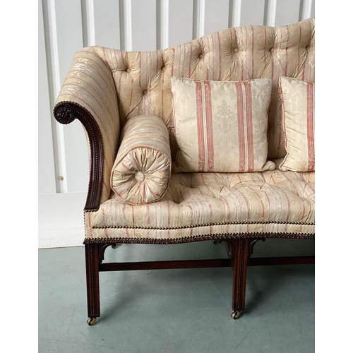251 - SOFA, George III style mahogany with buttoned striped brocade upholstery, camel back and stretchered... 