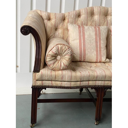 251 - SOFA, George III style mahogany with buttoned striped brocade upholstery, camel back and stretchered... 