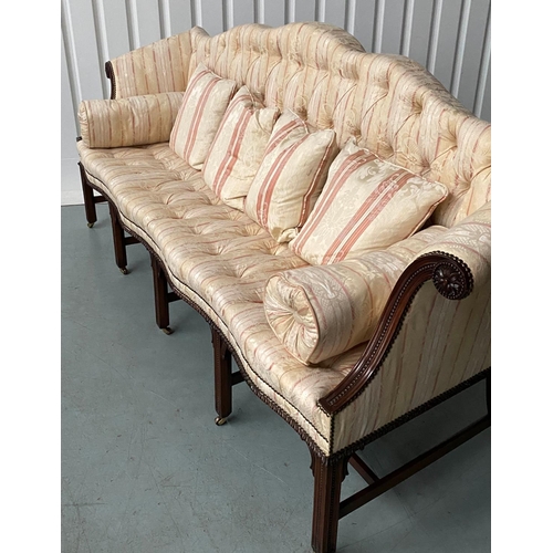 251 - SOFA, George III style mahogany with buttoned striped brocade upholstery, camel back and stretchered... 