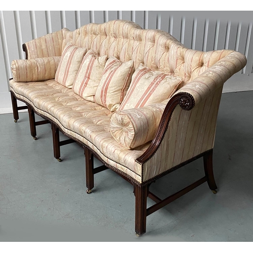 251 - SOFA, George III style mahogany with buttoned striped brocade upholstery, camel back and stretchered... 