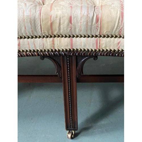 251 - SOFA, George III style mahogany with buttoned striped brocade upholstery, camel back and stretchered... 