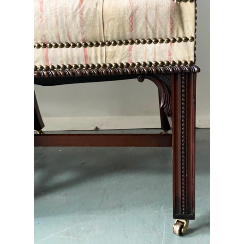 251 - SOFA, George III style mahogany with buttoned striped brocade upholstery, camel back and stretchered... 