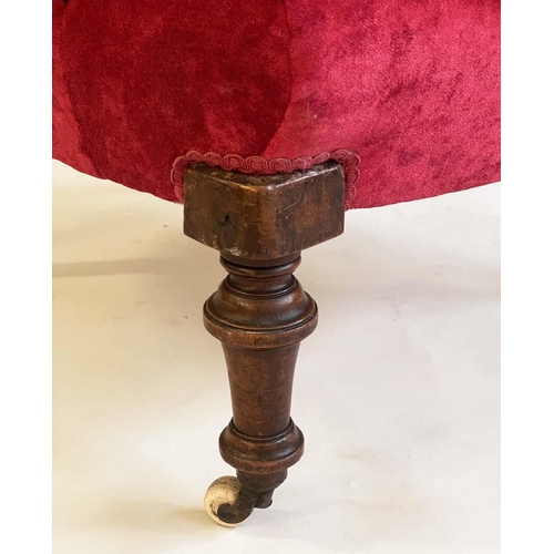 246 - ARMCHAIR, Victorian walnut with garnet chenille velvet upholstery with deep buttoned rounded back an... 