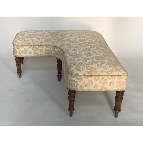 244 - WINDOW CORNER SEAT, 19th century and later walnut, L shaped two tone cream and silk upholstered with... 