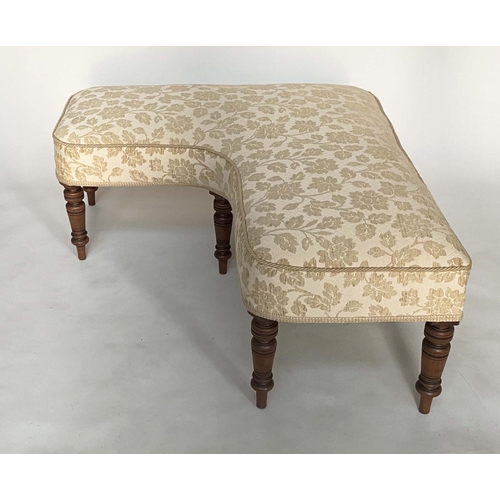 244 - WINDOW CORNER SEAT, 19th century and later walnut, L shaped two tone cream and silk upholstered with... 