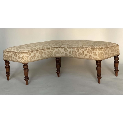 244 - WINDOW CORNER SEAT, 19th century and later walnut, L shaped two tone cream and silk upholstered with... 