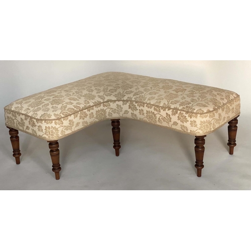 244 - WINDOW CORNER SEAT, 19th century and later walnut, L shaped two tone cream and silk upholstered with... 