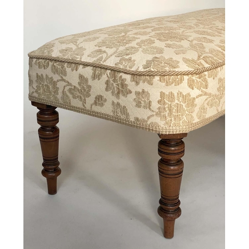 244 - WINDOW CORNER SEAT, 19th century and later walnut, L shaped two tone cream and silk upholstered with... 