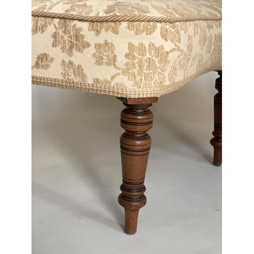 244 - WINDOW CORNER SEAT, 19th century and later walnut, L shaped two tone cream and silk upholstered with... 