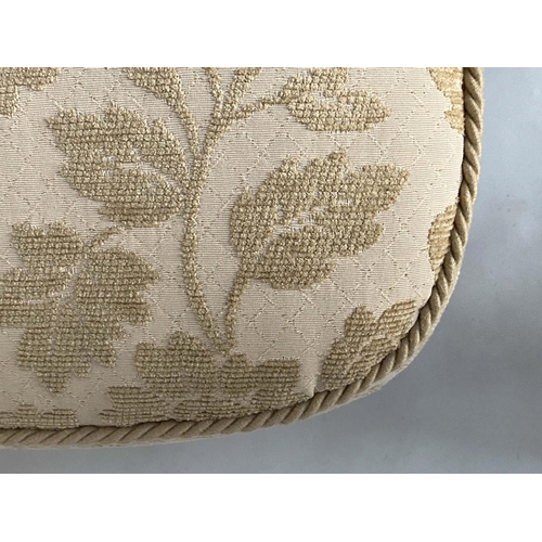 244 - WINDOW CORNER SEAT, 19th century and later walnut, L shaped two tone cream and silk upholstered with... 