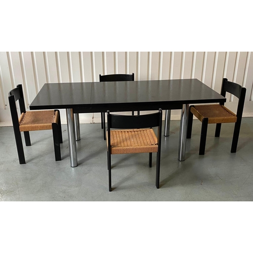 481 - HABITAT TABLE AND CHAIRS, 1960's black and chrome rectangular with flap end and four matching woven ... 