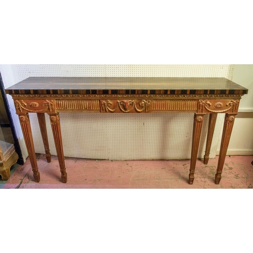 296 - SIDE TABLE, 95cm x 188cm W x 44cm D, Adam style, rouge giltwood finish with crossbanded coromandel t... 