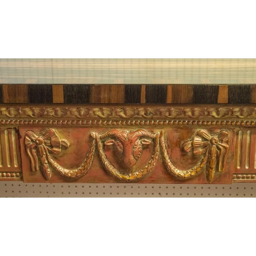 296 - SIDE TABLE, 95cm x 188cm W x 44cm D, Adam style, rouge giltwood finish with crossbanded coromandel t... 