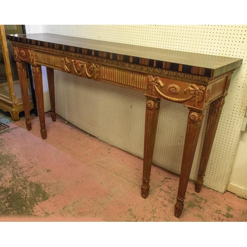 296 - SIDE TABLE, 95cm x 188cm W x 44cm D, Adam style, rouge giltwood finish with crossbanded coromandel t... 