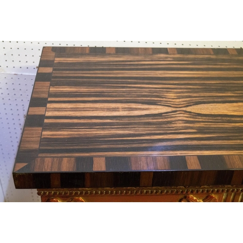 296 - SIDE TABLE, 95cm x 188cm W x 44cm D, Adam style, rouge giltwood finish with crossbanded coromandel t... 