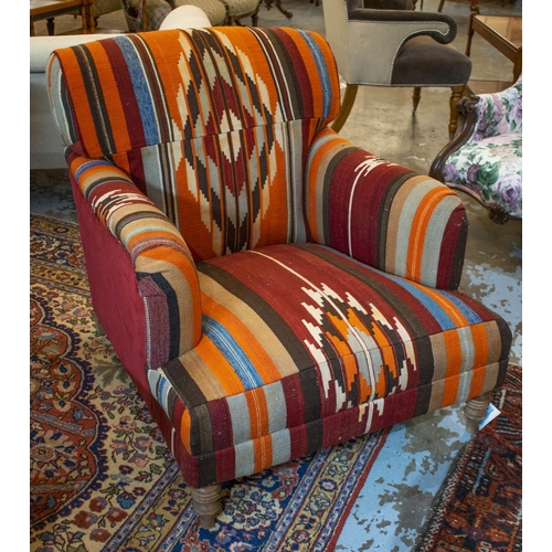 270 - ARMCHAIR, 77cm H x 83cm W, kilim and red corduroy upholstered.