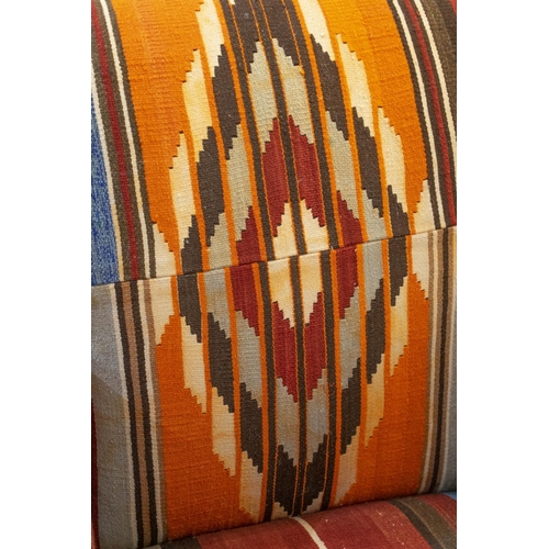 270 - ARMCHAIR, 77cm H x 83cm W, kilim and red corduroy upholstered.