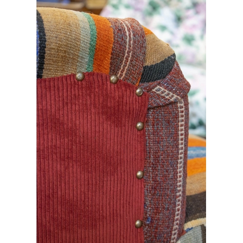 270 - ARMCHAIR, 77cm H x 83cm W, kilim and red corduroy upholstered.
