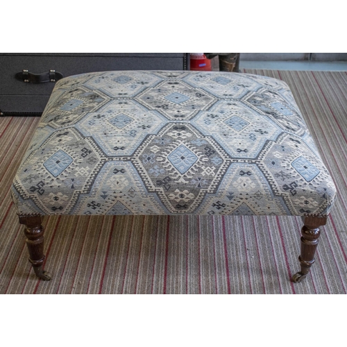 284 - HEARTH STOOL, 40cm H x 96cm x 96cm, beechwood in geometric chenille with brass castors.