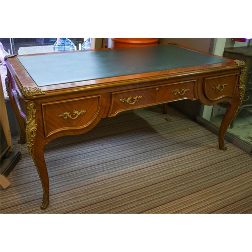 285 - BUREAU PLAT, 81cm H x 173cm x 100cm, Louis XV style with green leather top, three drawers and brass ... 
