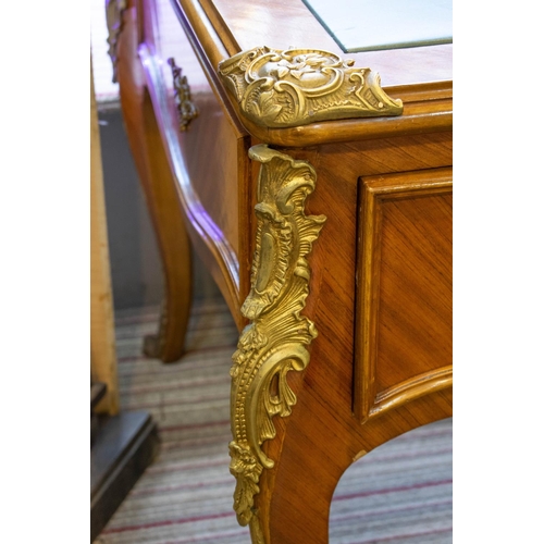 285 - BUREAU PLAT, 81cm H x 173cm x 100cm, Louis XV style with green leather top, three drawers and brass ... 