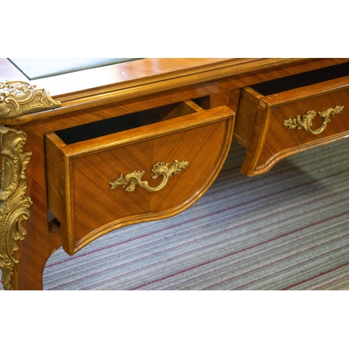 285 - BUREAU PLAT, 81cm H x 173cm x 100cm, Louis XV style with green leather top, three drawers and brass ... 
