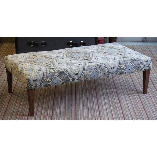 288 - HEARTH STOOL, 37cm H x 124cm x 62cm, beechwood in geometric patterned chenille.
