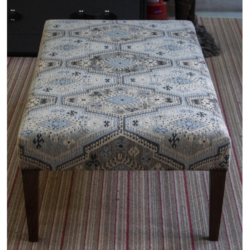 288 - HEARTH STOOL, 37cm H x 124cm x 62cm, beechwood in geometric patterned chenille.