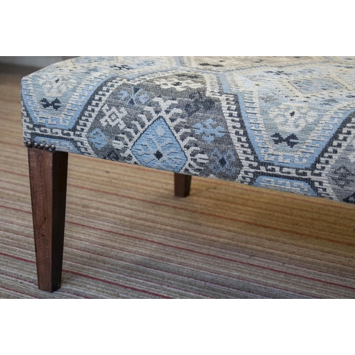 288 - HEARTH STOOL, 37cm H x 124cm x 62cm, beechwood in geometric patterned chenille.