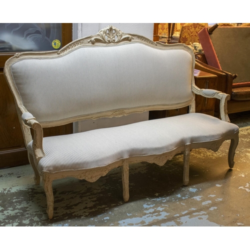 291 - CANAPE, 120cm H x 177cm W, Louis XV style distress painted with new ticking upholstery.