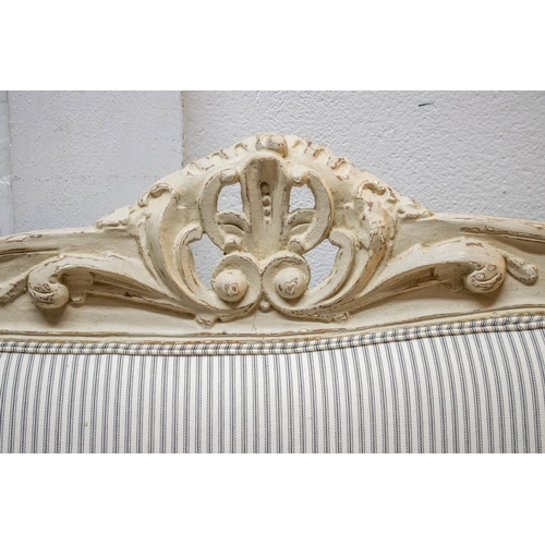 291 - CANAPE, 120cm H x 177cm W, Louis XV style distress painted with new ticking upholstery.
