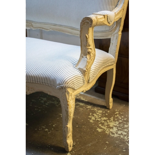 291 - CANAPE, 120cm H x 177cm W, Louis XV style distress painted with new ticking upholstery.