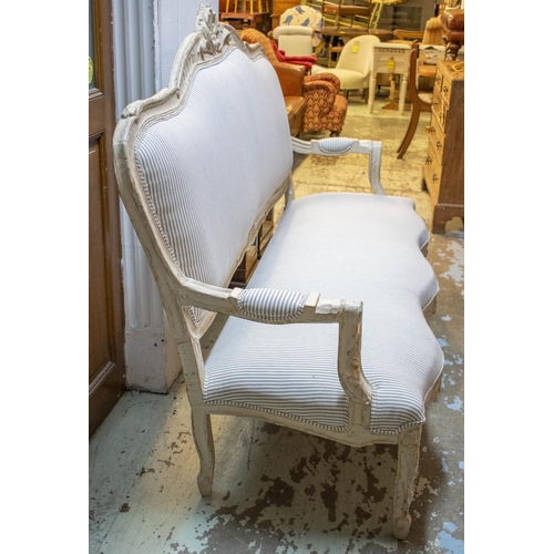 291 - CANAPE, 120cm H x 177cm W, Louis XV style distress painted with new ticking upholstery.