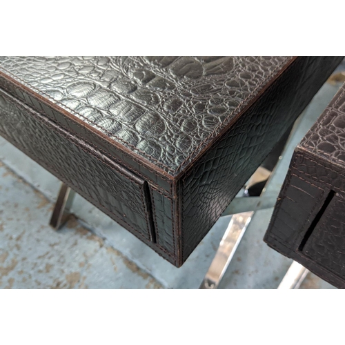 486 - GRAHAM & GREEN BEDSIDE TABLES, a pair, crocodile effect leather, each with a single drawer, cross-fr... 