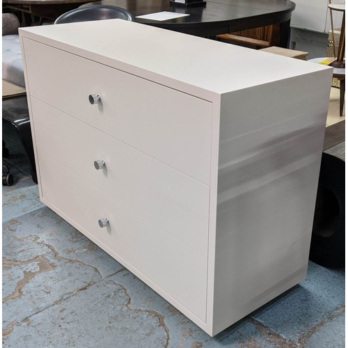 470 - CHEST OF DRAWERS, 125cm x 50cm x 87cm, white painted, three soft close drawers, polished metal handl... 