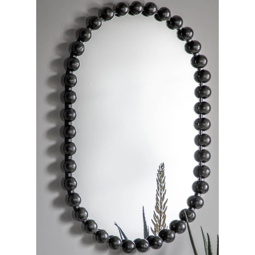 455 - OVERSIZED RECTANGULAR BEADED MIRROR, aged black finish, 90cm x 61cm.