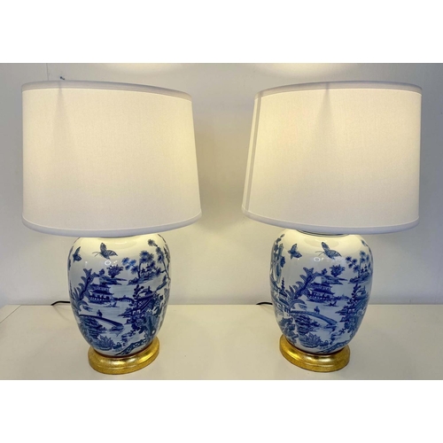 471 - TABLE LAMPS, a pair, Chinese export style blue and white ceramic, with shades, 55cm x 35cm x 35cm. (... 