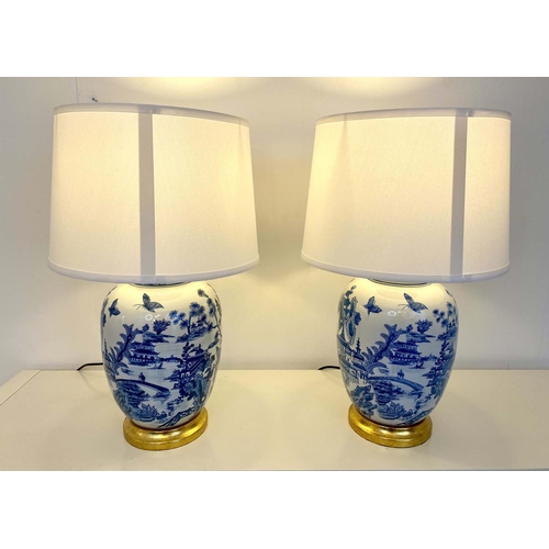 471 - TABLE LAMPS, a pair, Chinese export style blue and white ceramic, with shades, 55cm x 35cm x 35cm. (... 