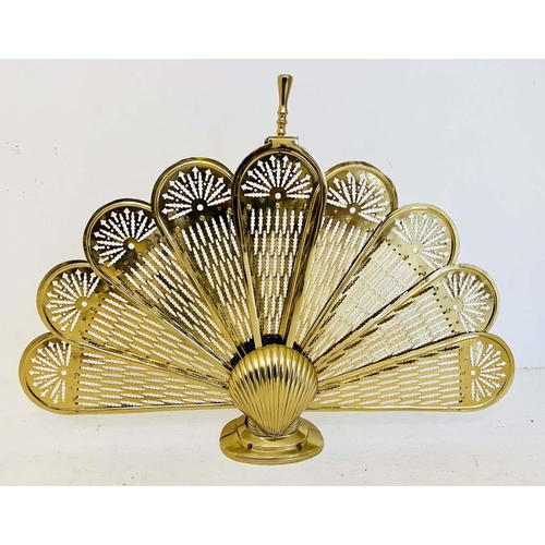 474 - PEACOCK FIRE SCREEN, gilt metal, 68cm x 19cm x 10cm, extended 95cm.