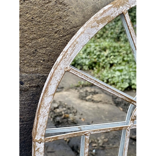 476 - ARCHITECTURAL GARDEN WALL MIRRORS, a set of four, aged metal arched frames, 60cm x 36cm. (4)