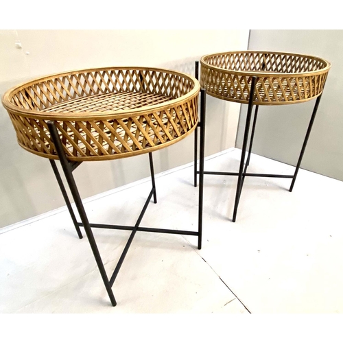 487 - SIDE STANDS, a pair, bamboo lattice tray tops, 75cm x 60cm x 60cm. (2)