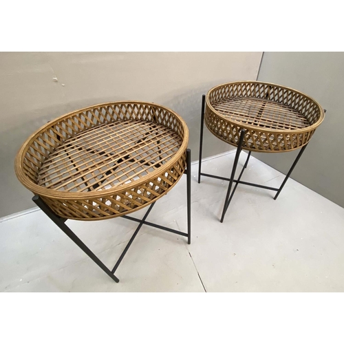 487 - SIDE STANDS, a pair, bamboo lattice tray tops, 75cm x 60cm x 60cm. (2)