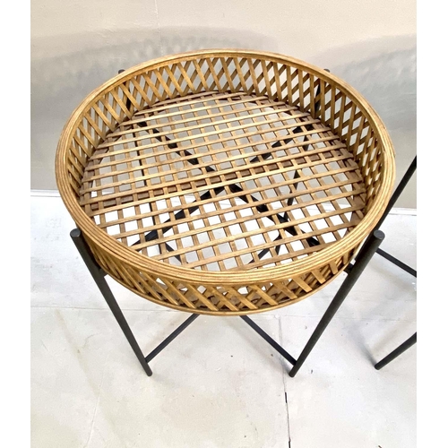 487 - SIDE STANDS, a pair, bamboo lattice tray tops, 75cm x 60cm x 60cm. (2)