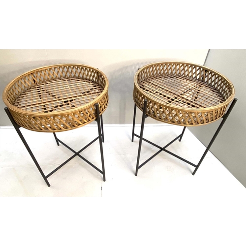 487 - SIDE STANDS, a pair, bamboo lattice tray tops, 75cm x 60cm x 60cm. (2)