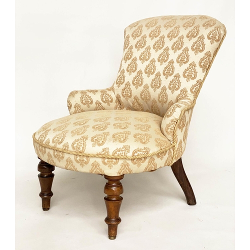 299 - SLIPPER ARMCHAIR, Victorian walnut with two tone woven leaf upholstery and turned front supports, 55... 
