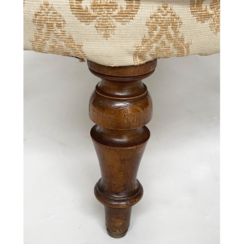 299 - SLIPPER ARMCHAIR, Victorian walnut with two tone woven leaf upholstery and turned front supports, 55... 