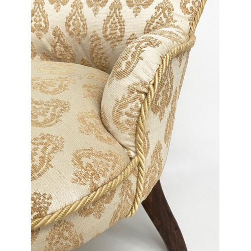 299 - SLIPPER ARMCHAIR, Victorian walnut with two tone woven leaf upholstery and turned front supports, 55... 