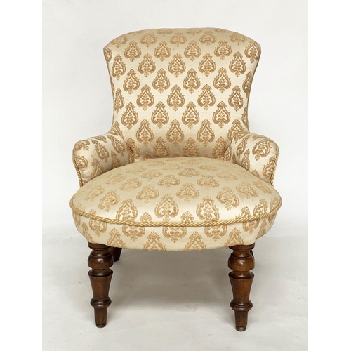 299 - SLIPPER ARMCHAIR, Victorian walnut with two tone woven leaf upholstery and turned front supports, 55... 