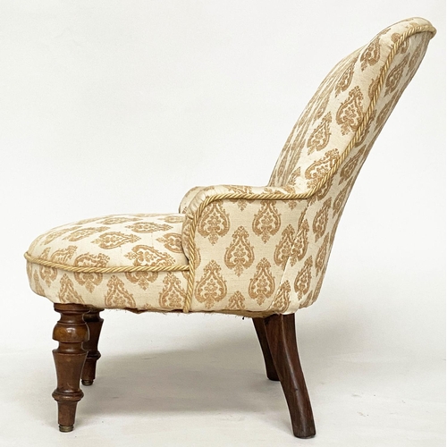 299 - SLIPPER ARMCHAIR, Victorian walnut with two tone woven leaf upholstery and turned front supports, 55... 